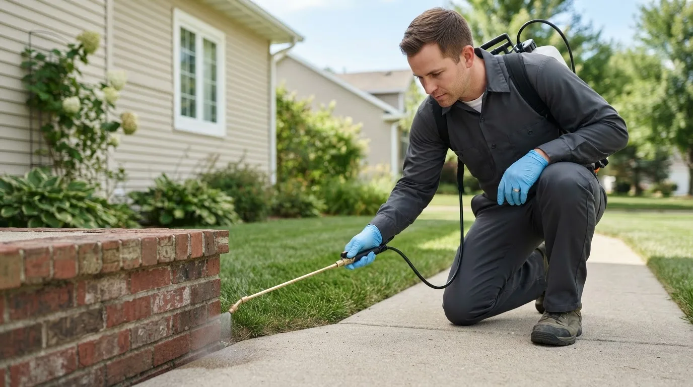 Pest control technician treating a home near Creve Coeur, MO